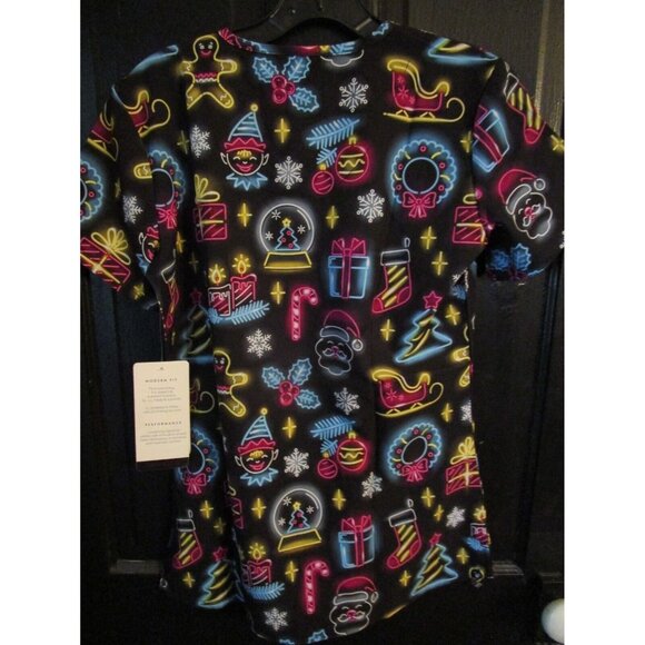 Elite Med Neon Tree Santa Snowflake Holiday Christmas Scrub Top Size Small S - Picture 2 of 3